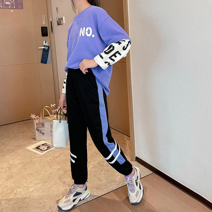 Girls Joggers Long Pants Pockets Outdoor Casual Trousers Two Bars-Black