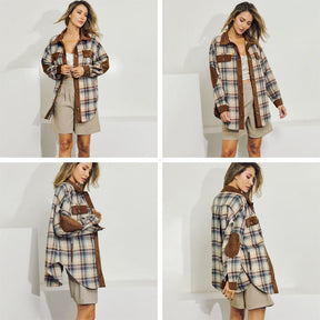 Womens Corduroy Jacket Plaid Contrast Color Long Sleeve Fall Coat