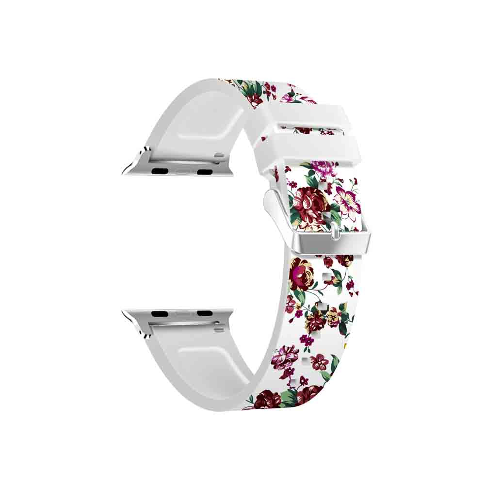 Flower Printing Silicone Watch Band For Apple Watch SE/6/5/4/3/2/1(White Red)