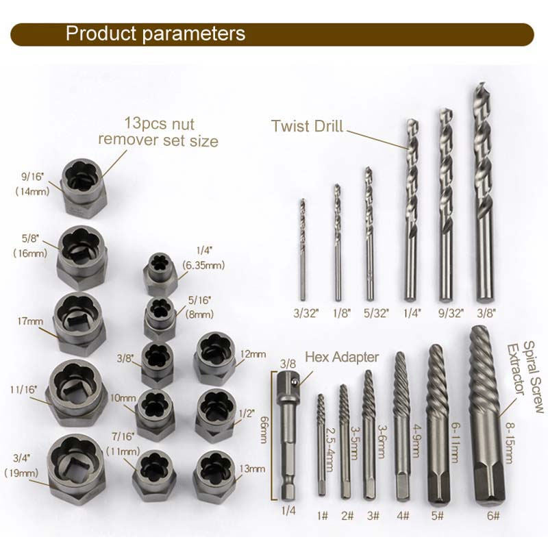 26 Pcs Bolt Extractor Set and Drill Bit Kit for Damaged Studs