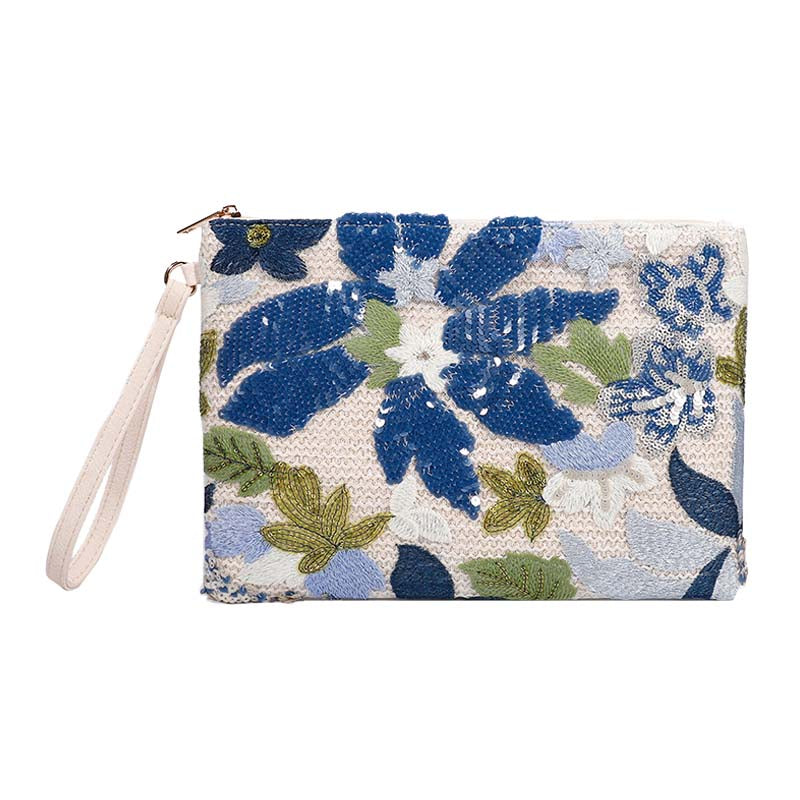 Women Clutches Embroidery Sequins Design Straw Bag for Vacation-Light Blue
