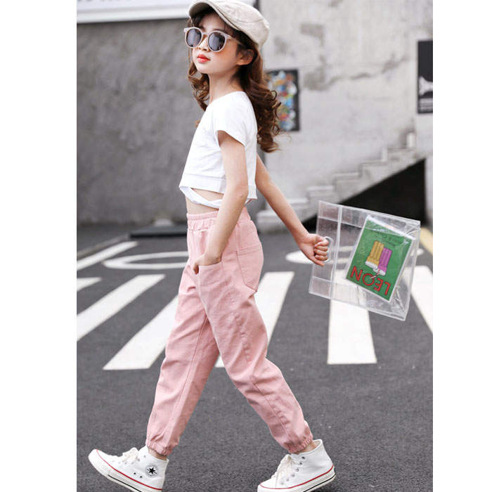 Girls Joggers Long Pants Pockets Outdoor Casual Trousers Big Pocket-Pink