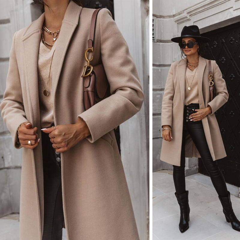 Elegant Womens Coat Lapel Solid Button Down Warm Long Outwear-Khaki