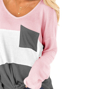 Womens Long Sleeve V-neck Autumn T-shirt Loose Top with Pockets-Pink