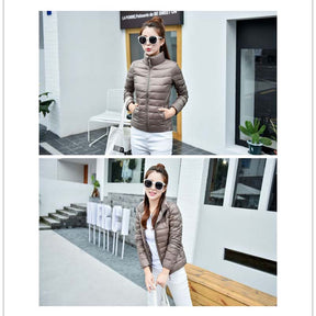 Lookbook Womens Lightweight Puffer Jacket Winter Stand Collar Short Coat-Khaki