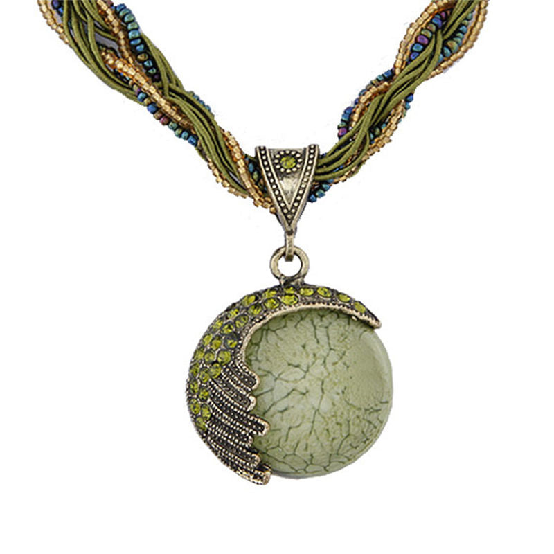 Vintage Bohemian Gemstone Pendant Necklace-Green