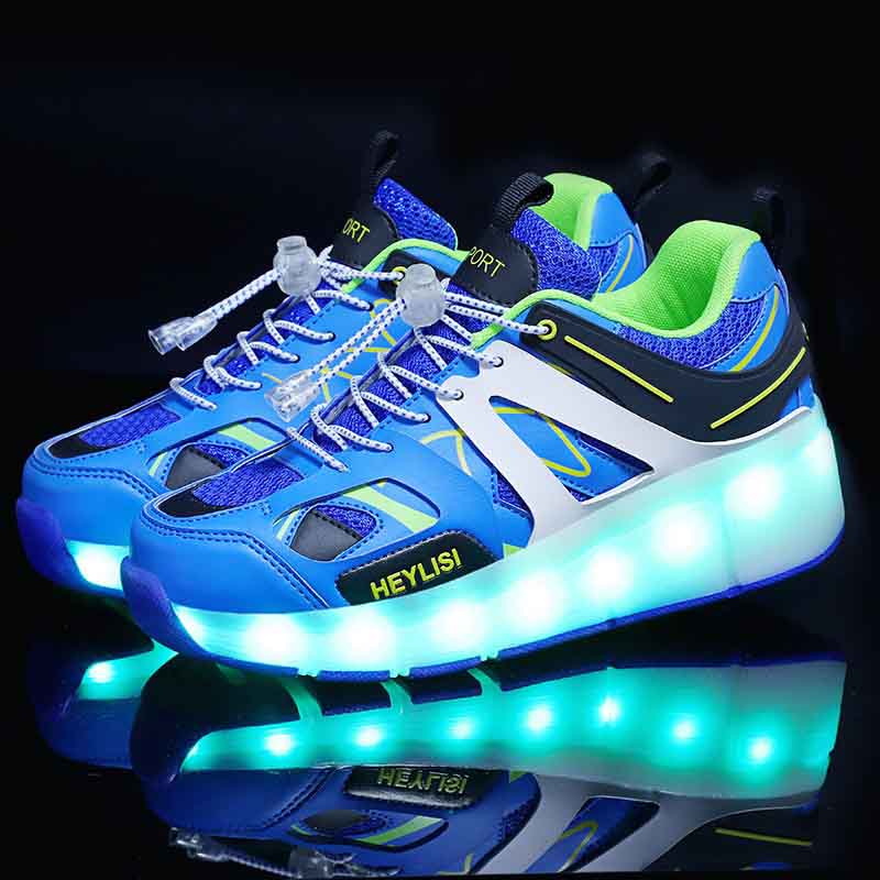 Kids Roller Skates Shoes with LED Rechargeable Single Wheel-Blue
