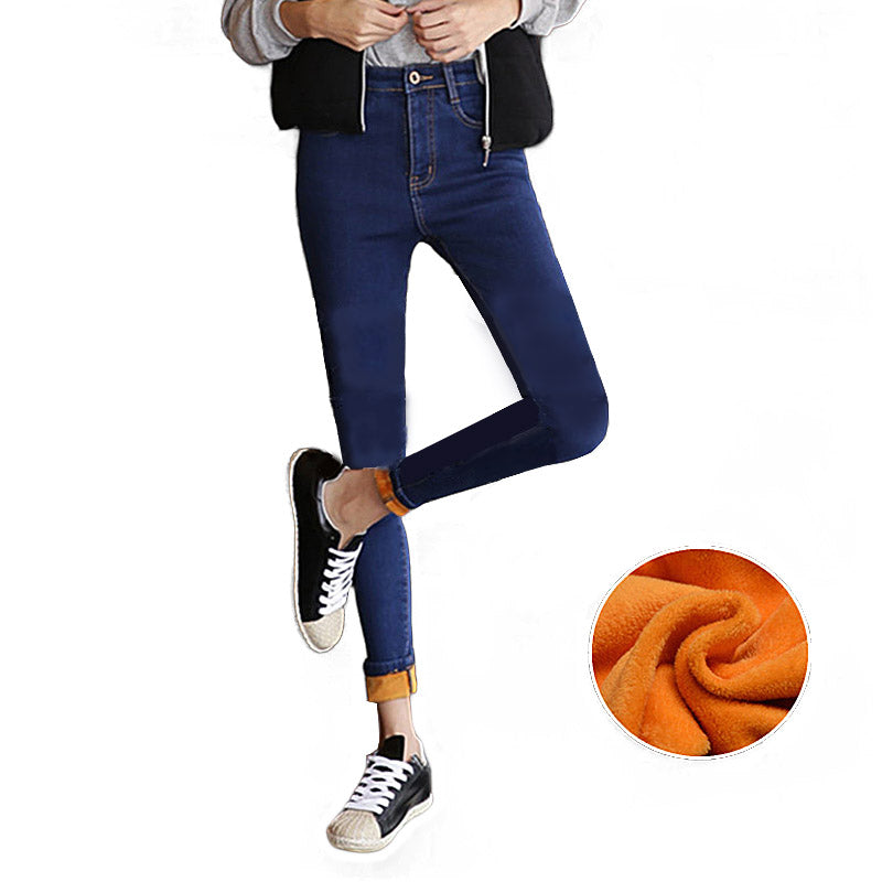 Womens Fleece Jeans with Pockets High Waist Stretch Pants-105-Dark Blue