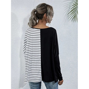 Womens Striped V-Neck Long Sleeve Tops-Black