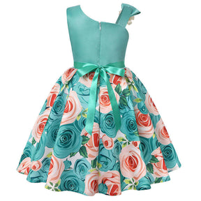 Oblique Shoulder Childrens Dress Rose Print Dress Girls Evening Party Costume-Light Green