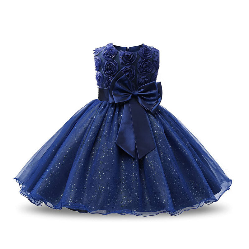 Girl Sleeveless Lace 3D Flower Tutu Holiday Princess Wedding Dresses-Deep Blue