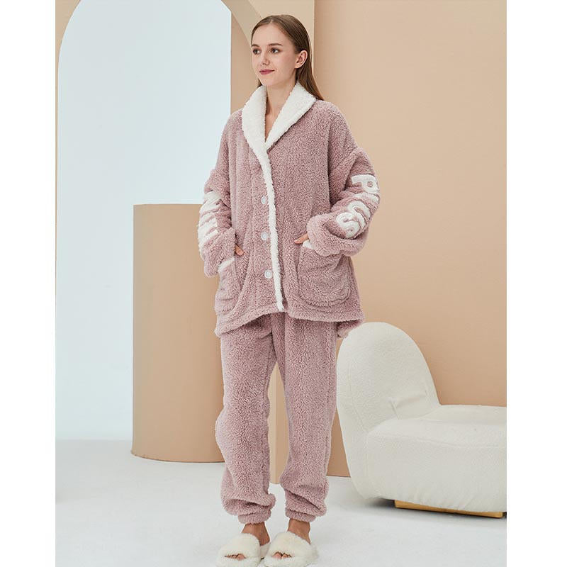 Womens Winter Fleece Pajamas Set Warm Loungewear-Pink