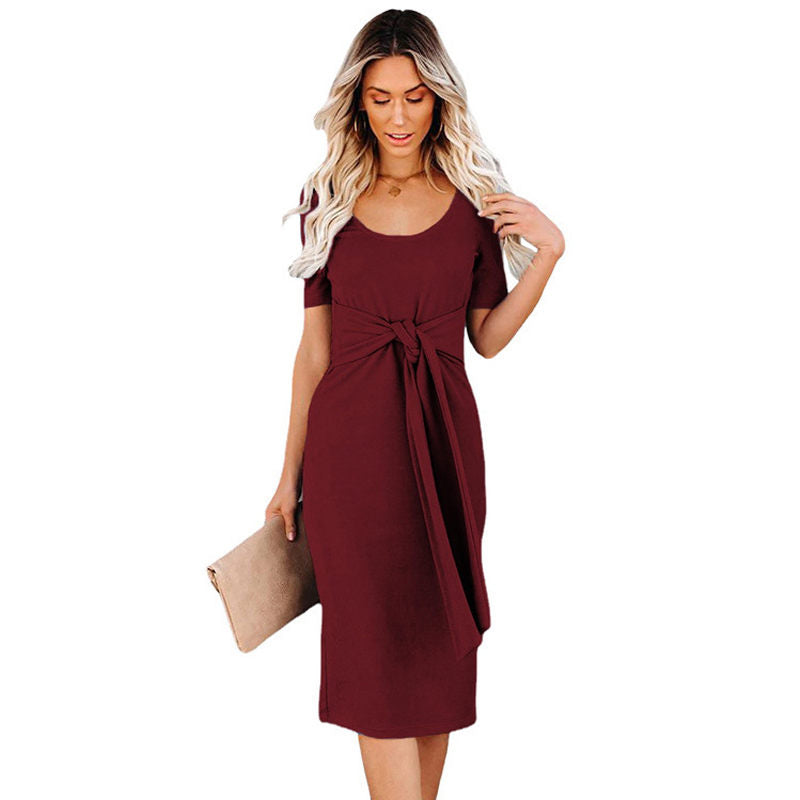 Womens Elastic Cocktail Party Elegant Dress Body Dress With Belt-WineRed