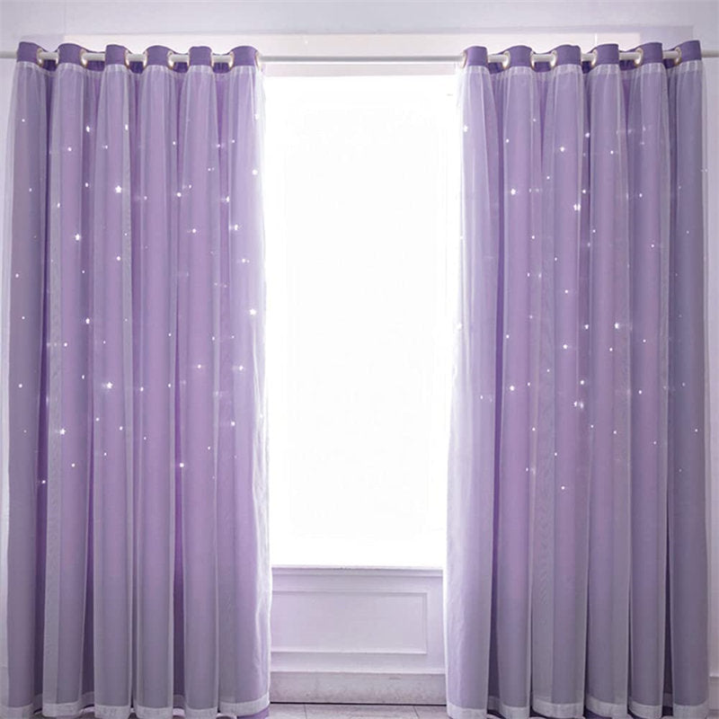 2 Panels Double Layer Stars Blackout Curtains for Bedroom Window-Purple