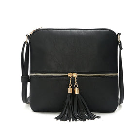 Lightweight Medium Crossbody Bag with Tassel-Black