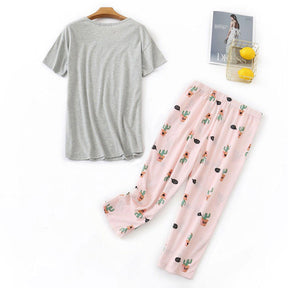 Womens Short Sleeve Casual Prints Pajama Cropped Trousers Set-Gray Cactus