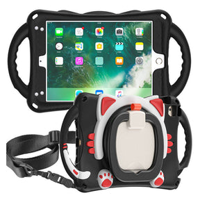 CatB Silicone Case For iPad Mini 5 4 3 2 1 Shockproof Shoulder Strap Handle Stand-Black Red