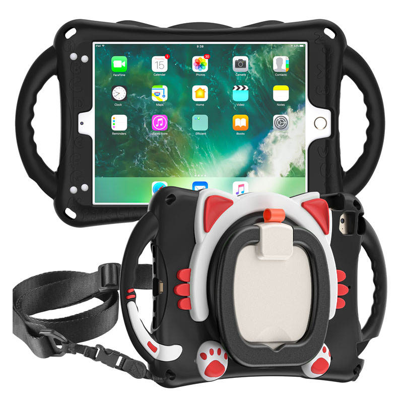 CatB Silicone Case For iPad Mini 5 4 3 2 1 Shockproof Shoulder Strap Handle Stand-Black Red