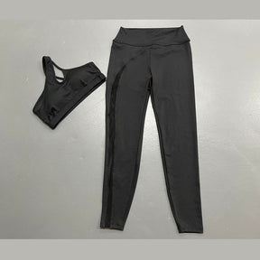 Womens Gym Workout 2 Piece Set Yoga Vest High Waisted Mesh Hip Lift Trousers-Black