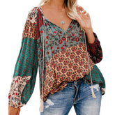 Womens V-neck Casual Boho Floral Print Long Sleeve Shirts-Gray2