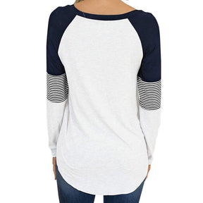 Womens Color Block Round Neck Tunic Top Casual Long Sleeve Shirt-White