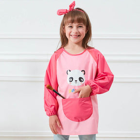 Cartoon Panda Waterproof Long Sleeved Art Apron For Painting-Pink