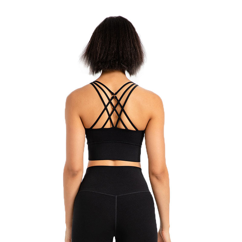 Cross Back Longline Sports Bras Wirefree Padded Crop Tank Top-Black