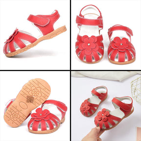 Flat Sandals for Toddler Girls Closed-Toe with Flower Summer Shoes-Red