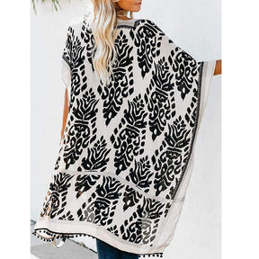 Women Print Kimono Tassel Casual Cardigan V Neck Loose Swimsuit Cover Up Beachwear-Black