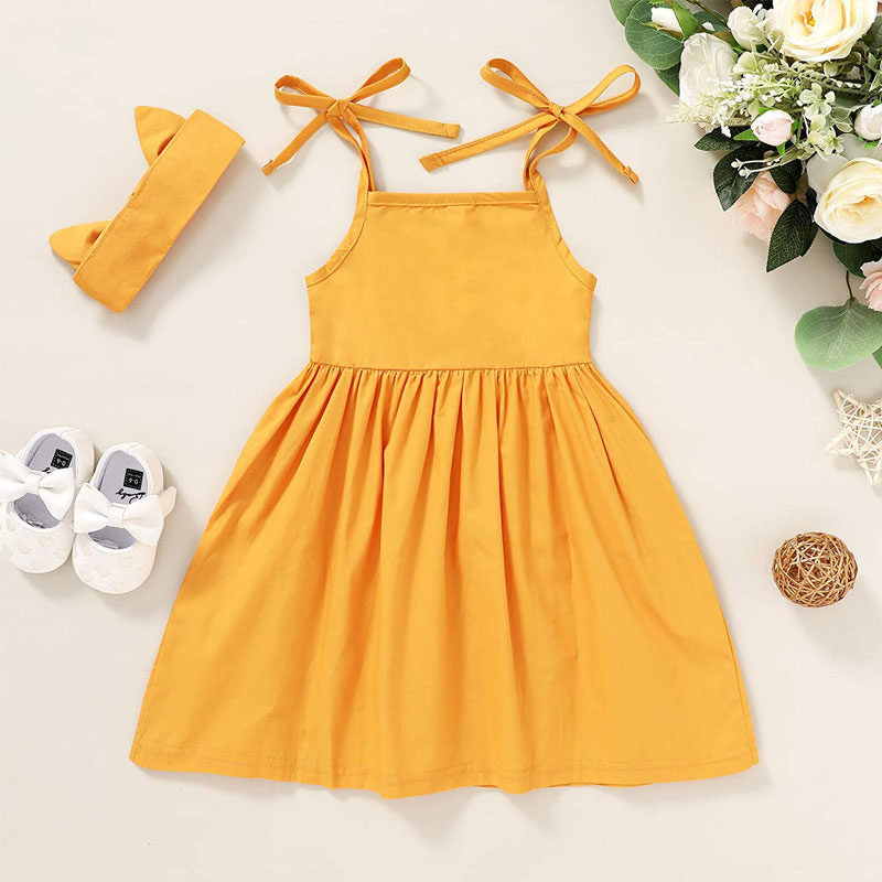 Toddler Baby Girls Summer Strap Button Dress Princess Sundress With Headband-Yellow