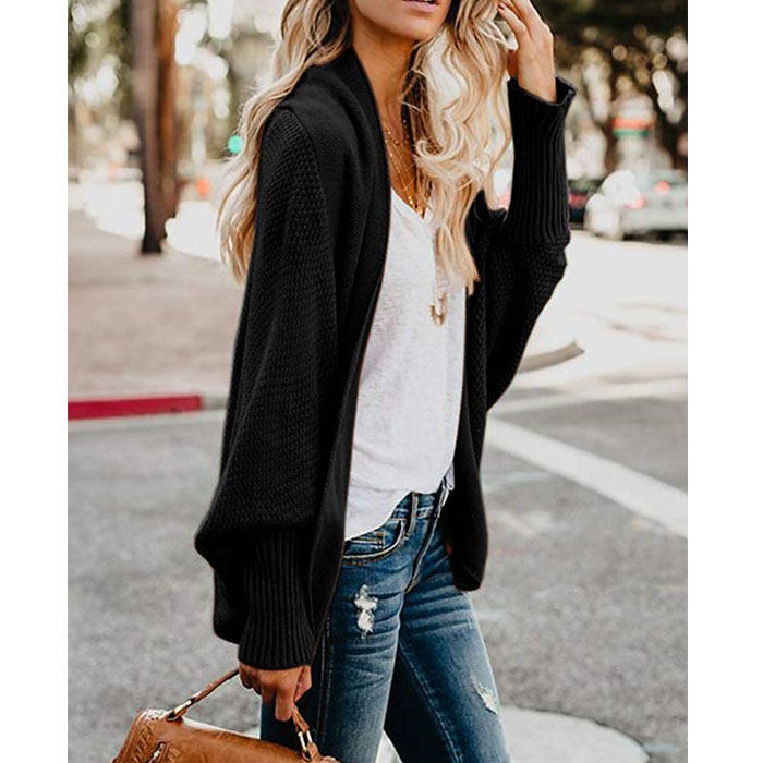 Women's Batwing Knitted Oversized Slouchy Solid Cardigan Sweater Knit Outwear-Black