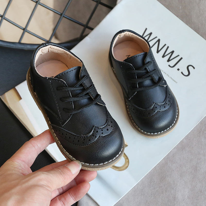 Toddler British Style Comfortable Loafers Flats Classic Lace-up Shoes for Boys Girls-Black