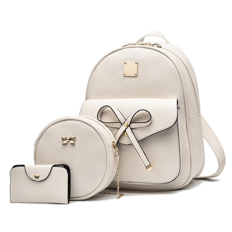 Bowknot 3-Pieces Fahsion Leather Backpack Purse Shoulder Bag for Women-White