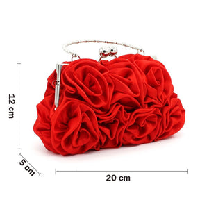 Roses Clutch Purse Satin Money Clip Evening Handbag-Red
