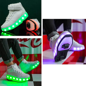Kids Light Up Roller Skate Shoes High Top Sneakers Double Wheels-White