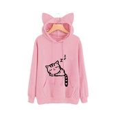 Women Teen Girls Cat Printed Hoodie Sweatshirt Cute Cat Ear Pullover Sweatshirt-Pink