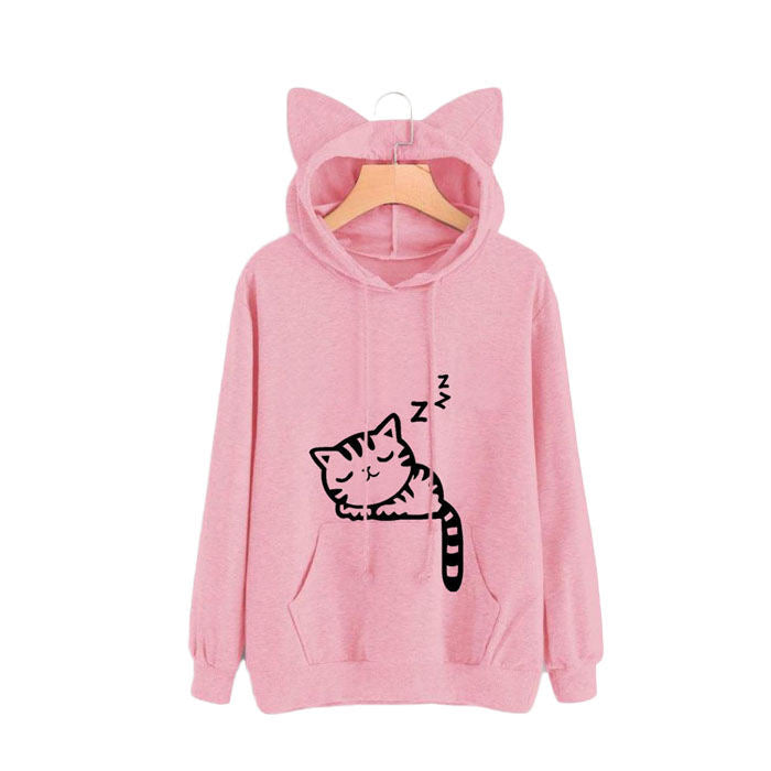 Women Teen Girls Cat Printed Hoodie Sweatshirt Cute Cat Ear Pullover Sweatshirt-Pink