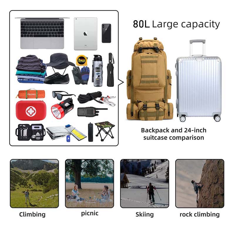 80L Waterproof 2-in-1 Detachable Backpack for Camping-Khaki