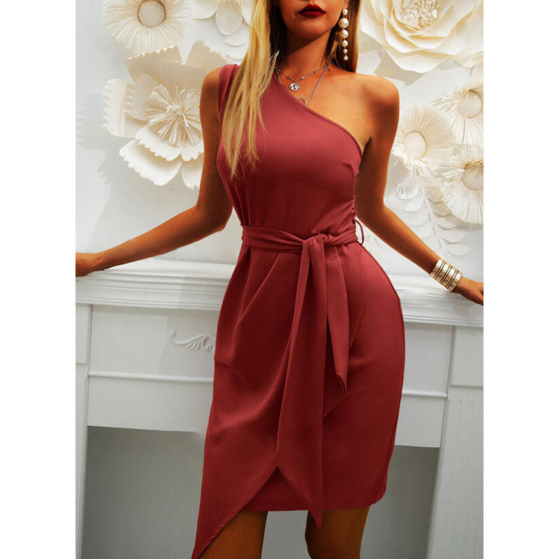 Solid Color Sleeveless Sloping Shoulder Strap Party Cocktail Dress-WineRed