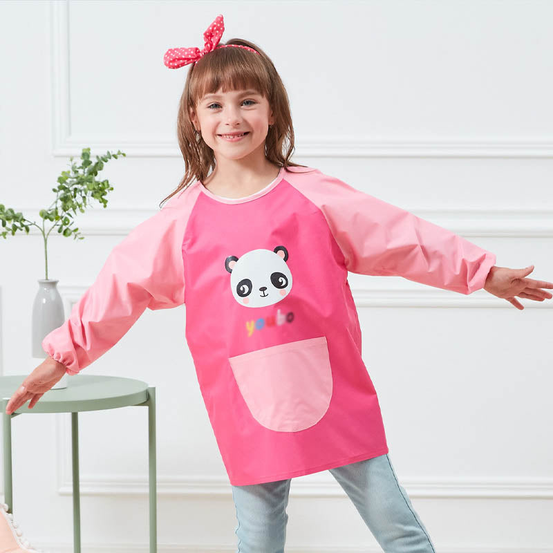 Cartoon Panda Waterproof Long Sleeved Art Apron For Painting-Rose Red