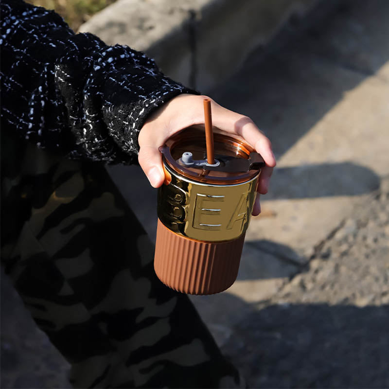 420ml Glass Coffee Mug with Lids and Straws Travel Friendly-GoldAmber