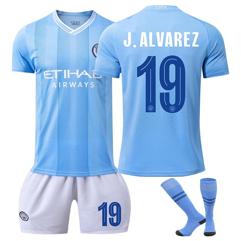 Manchester City Home J.ALVAREZ #19 Soccer Jersey Kids Adult 3Pcs Kits