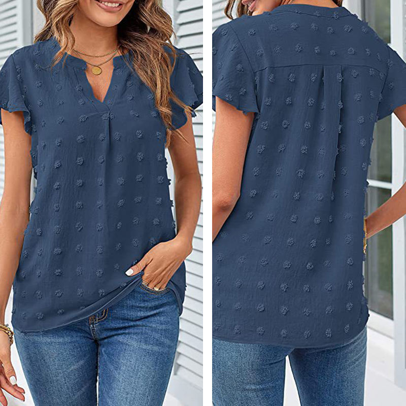 Womens Ruffle Shirts V Neck Short Sleeve Pom Chiffon Blouses Tops-Blue