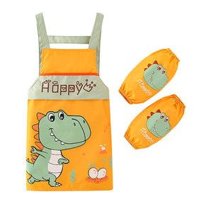 Children Cartoon Waterproof Apron with Sleeve Covers for Painting Cooking-Yellow Dinosaur