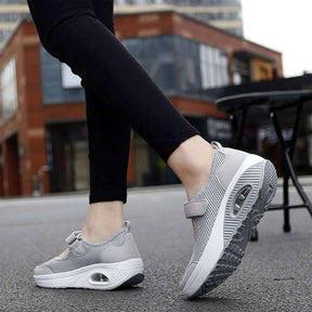 Women Casual Air Cushion Sneakers Velcro Mary Jane Shoes-Gray