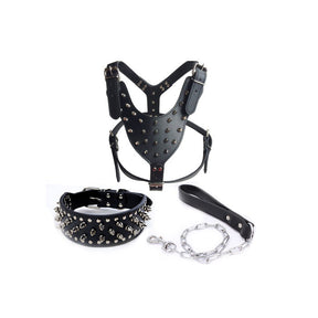 Pet Leash Collar Harness Three-piece Set Anti-bite Rivets-Black