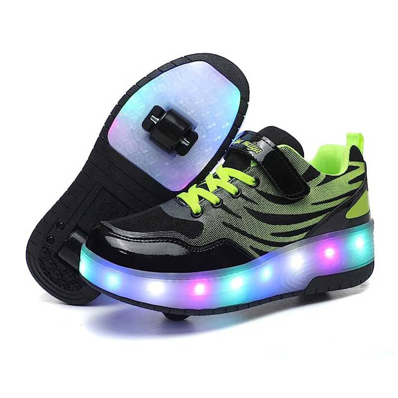 Kids Roller Skates Light up Shoes Sport Sneaker USB Chargable-Black Green