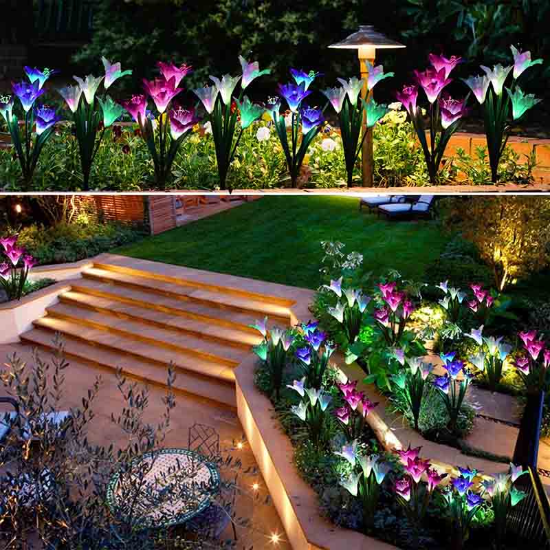 2 Pack Garden Lily Flower Light Outdoor Color Changing LED Solar Decorative Lights for Garden Patio Backyard -Red Purple