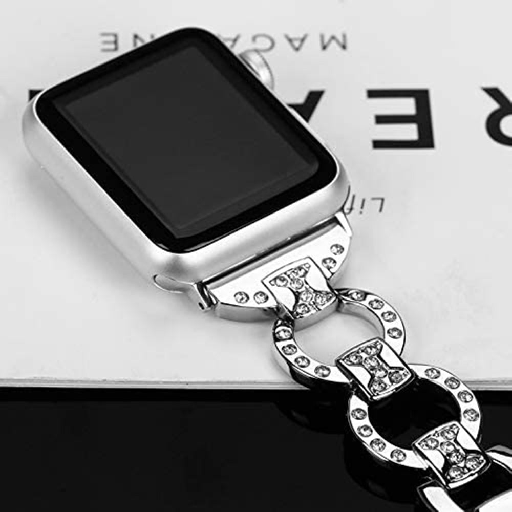 Adjustable Metal Watch Band With Diamonds For Apple Watch SE/6/5/4/3/2/1(Silver)