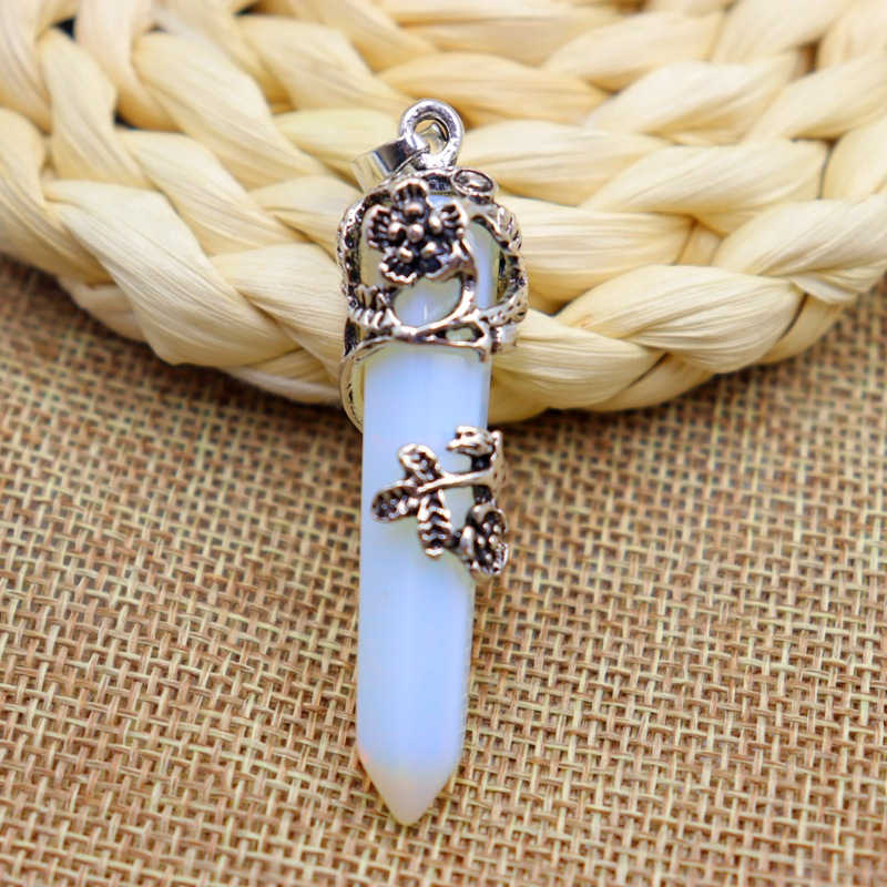 Antique Silver Flower Wrapped Crystal Necklace-Opalite